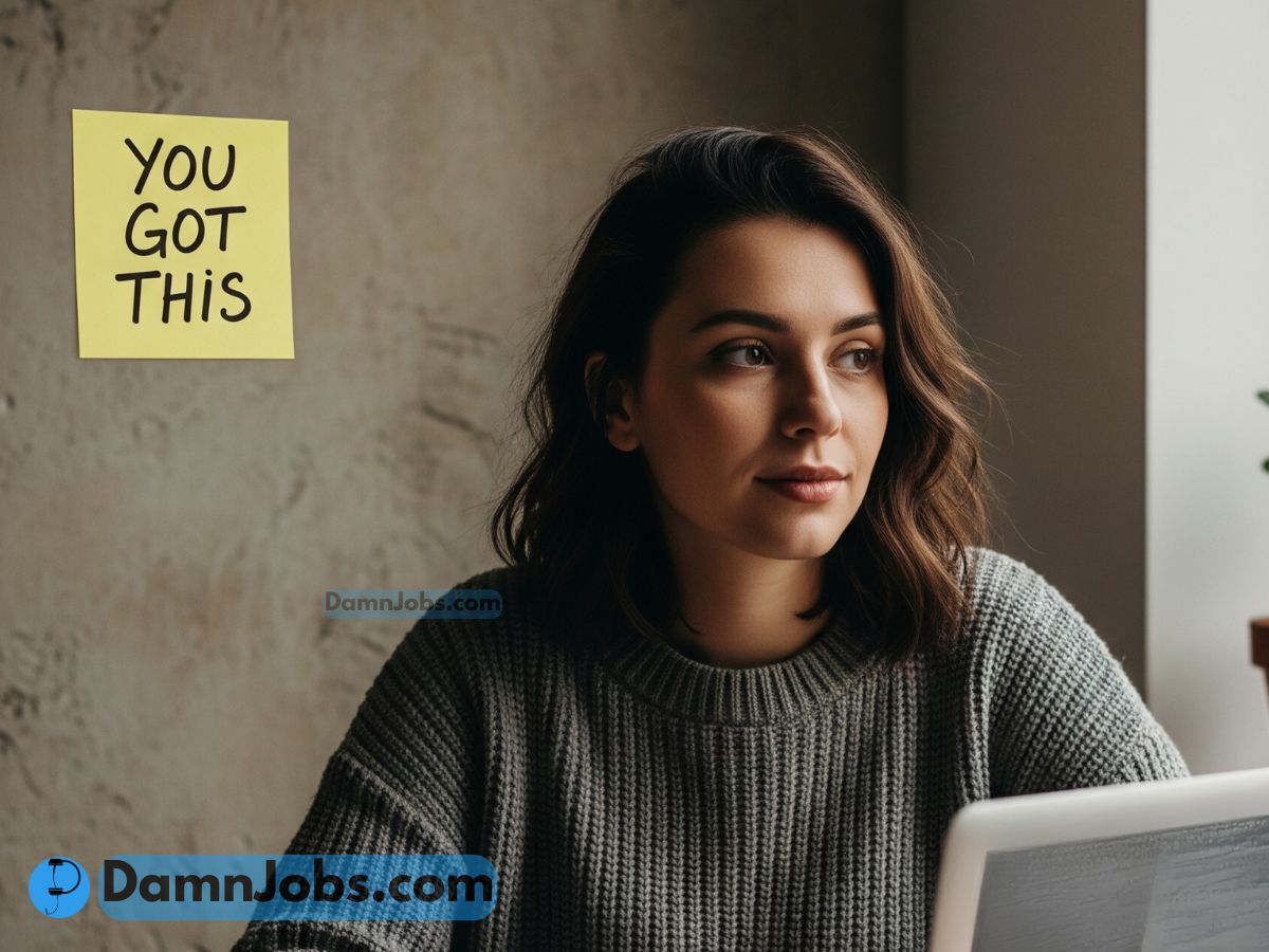 A young person sitting in a coffee shop or home office, looking thoughtful but empowered, with a laptop open and a ‘You Got This’ sticky note on the wall, natural light, realistic style, slightly messy but cozy vibe