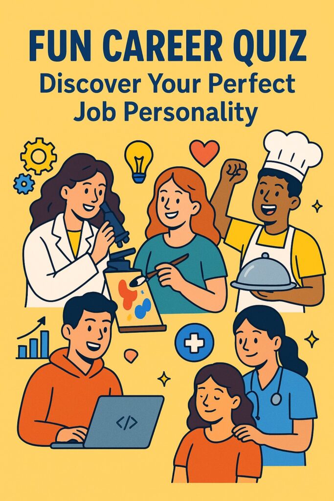 Cartoon of diverse professionals, including a scientist, artist, chef, coder, and nurse. Text reads "Fun Career Quiz: Discover Your Perfect Job Personality.