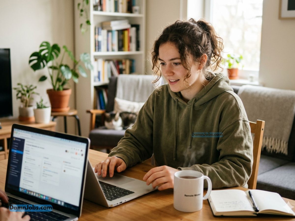 A young woman with curly hair tied back in a ponytail sits at a wooden dining table in a brightly lit, cozy living room, focused on her laptop. She wears a casual olive green hoodie and has a slight smile while working. On the table in front of her is a steaming white mug and an open notebook with a pen. In the foreground, another laptop screen and a person's hands are partially visible. The background features a warm home environment with a bookshelf, house plants, a window letting in natural light, and a cat resting on a grey couch.