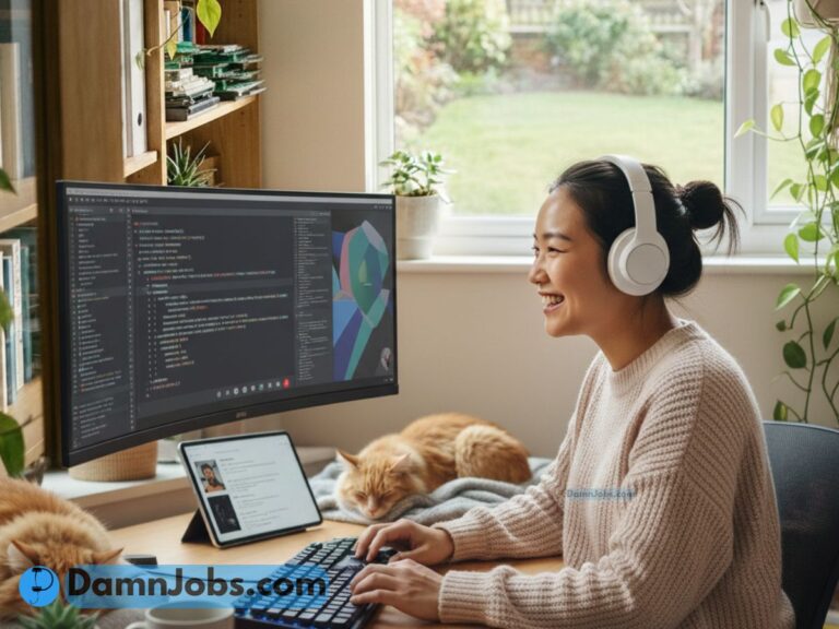 Smiling woman wearing headphones works on a computer with coding on screen. A cat sleeps nearby, and greenery is visible outside the window. Cozy ambiance.