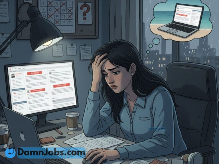 A woman sitting at a desk, looking stressed while browsing job listings on a computer. A dream bubble shows a beach scene with a laptop.