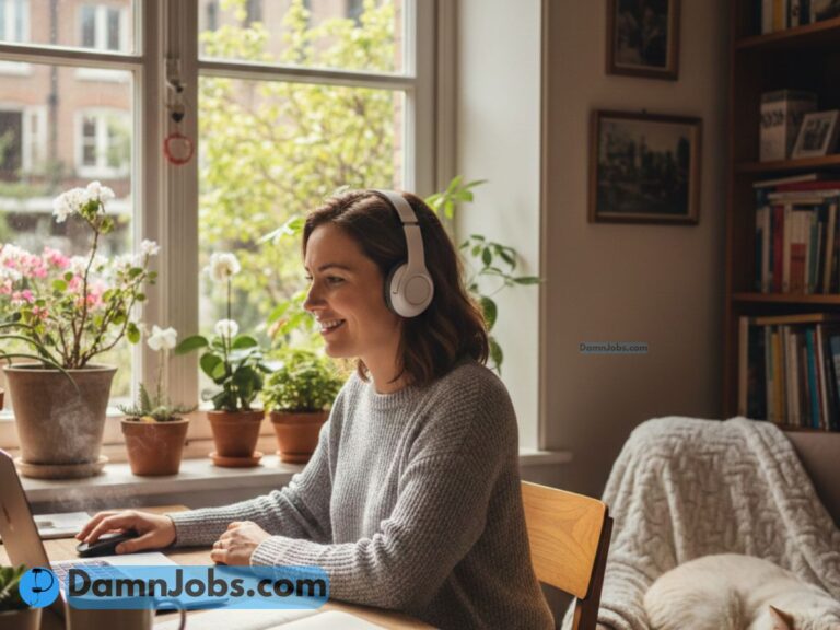 A woman wearing headphones sits at a desk, smiling at her laptop. Sunlight filters through a window with potted plants, creating a cozy, focused atmosphere.
