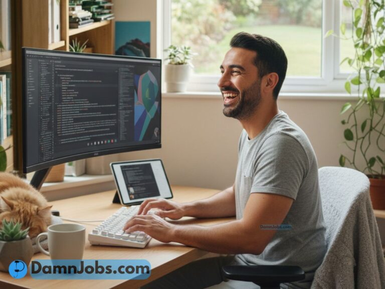 Smiling man coding on a large curved monitor at a bright home office desk. A smartphone and a plant are nearby, with a cat sleeping beside him.