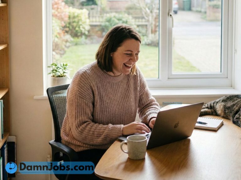 A woman in a cozy sweater smiles while using a laptop at a wooden table. A mug, notepad, and relaxed cat are beside her. Sunlight streams through a garden-view window, creating a warm, cheerful atmosphere.