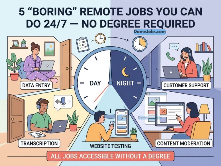 An educational illustration titled "5 'BORING' REMOTE JOBS YOU CAN DO 24/7 – NO DEGREE REQUIRED." The center features a large clock split into "DAY" and "NIGHT" halves to represent 24/7 availability. Surrounding the clock are five segmented panels, each depicting a different person working from home, complete with labels: "DATA ENTRY" (a woman in pajamas on her laptop), "CUSTOMER SUPPORT" (a woman with a headset), "TRANSCRIPTION" (a man listening to audio), "WEBSITE TESTING" (a man reviewing a phone layout), and "CONTENT MODERATION" (a woman reviewing web pages on a monitor). A banner at the bottom reads, "ALL JOBS ACCESSIBLE WITHOUT A DEGREE."