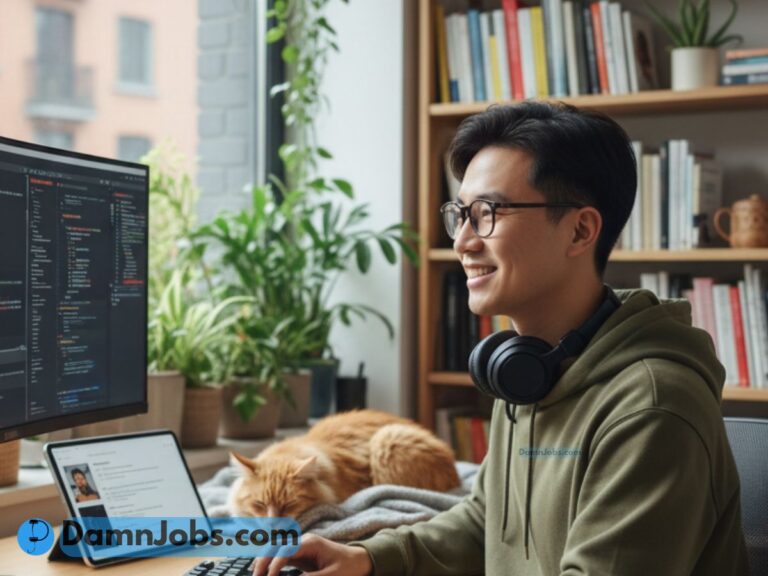 A person in glasses and headphones, smiling at a computer screen displaying code. A cozy room with plants, books, and a napping cat conveys a relaxed atmosphere.