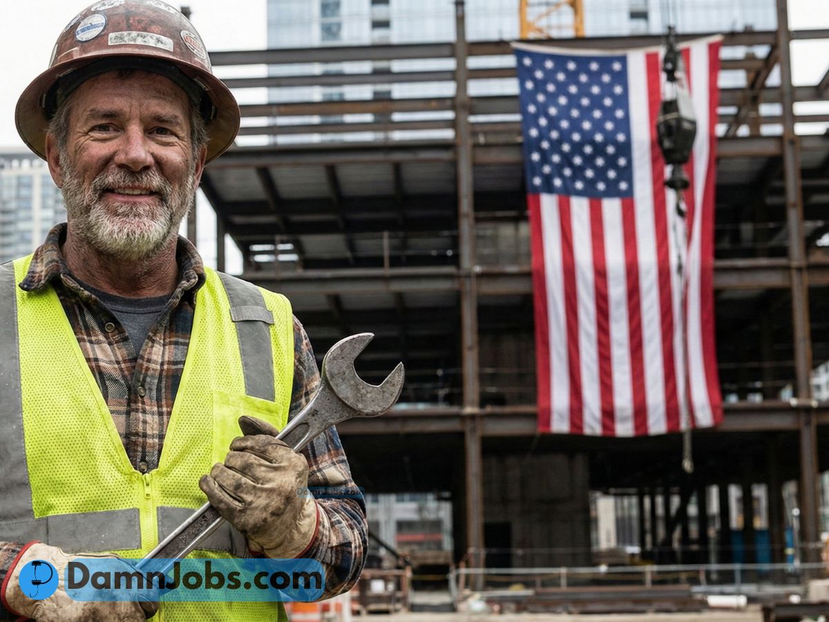 Elderly construction worker in a hard hat and yellow vest holds a wrench, smiling with a steel structure in the background, adorned with a large American flag.