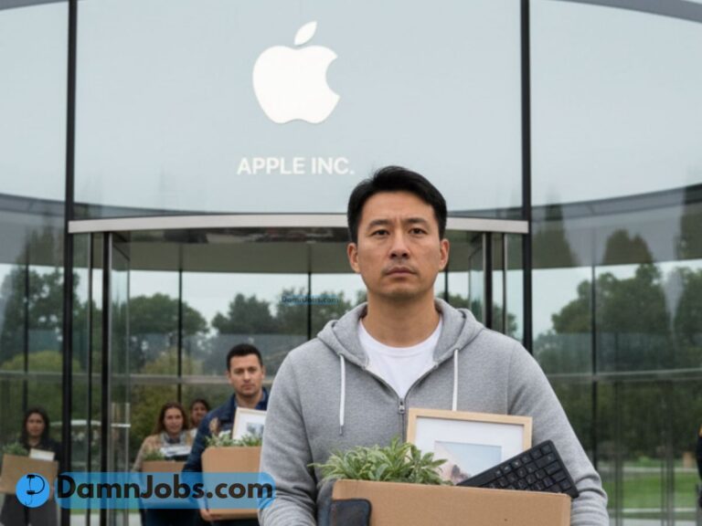 A person stands solemnly in front of an Apple Inc. building, holding a box with office items. Other individuals with similar boxes are in the background.