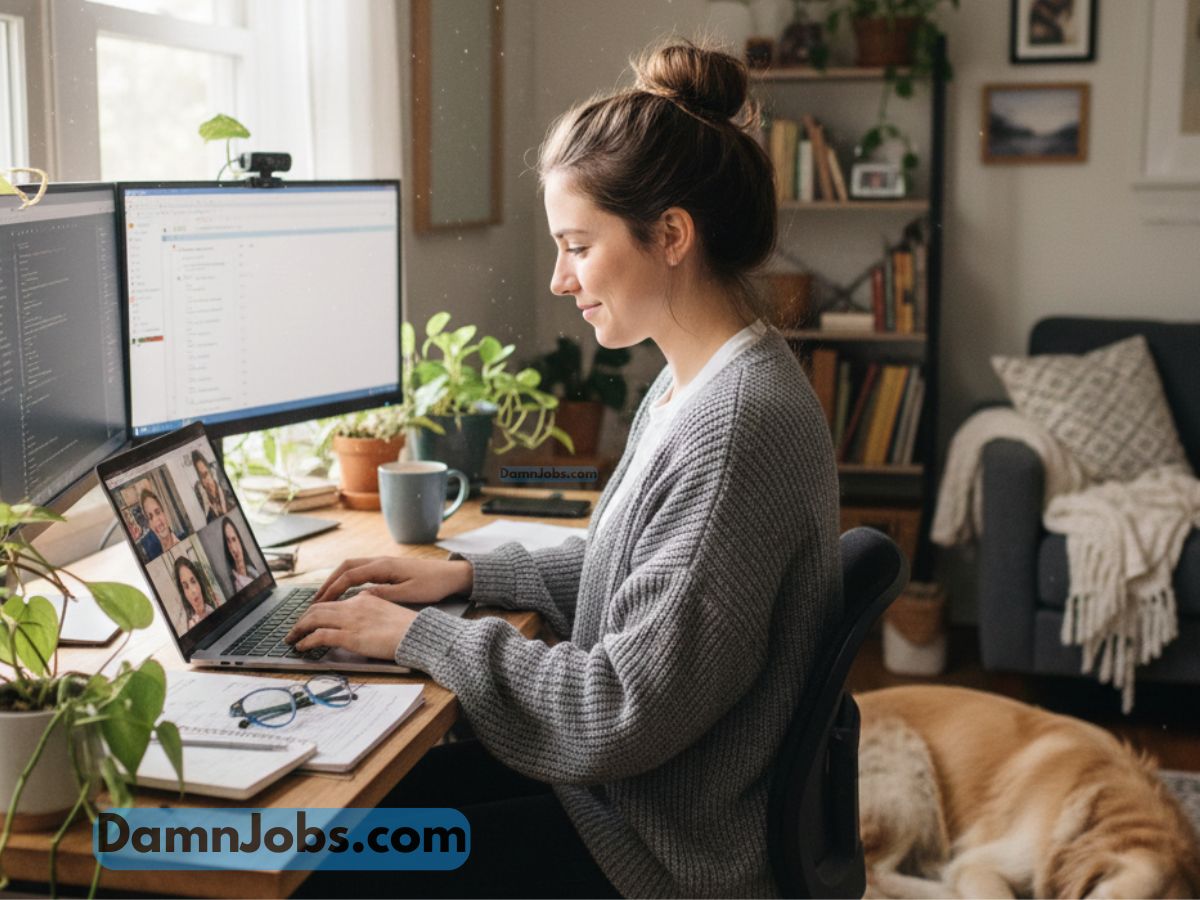 A woman works from home, smiling while on a video call via a laptop. She's in a cozy room with plants, books, and a dog sleeping nearby, creating a warm atmosphere.