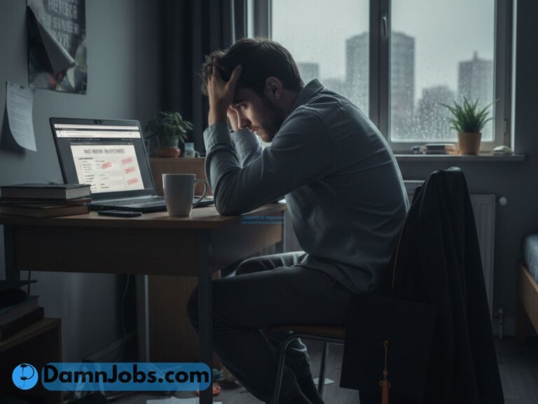 A man sits at a desk, head in hands, looking stressed. A laptop displays job search results. The room is dimly lit, with rain outside the window.