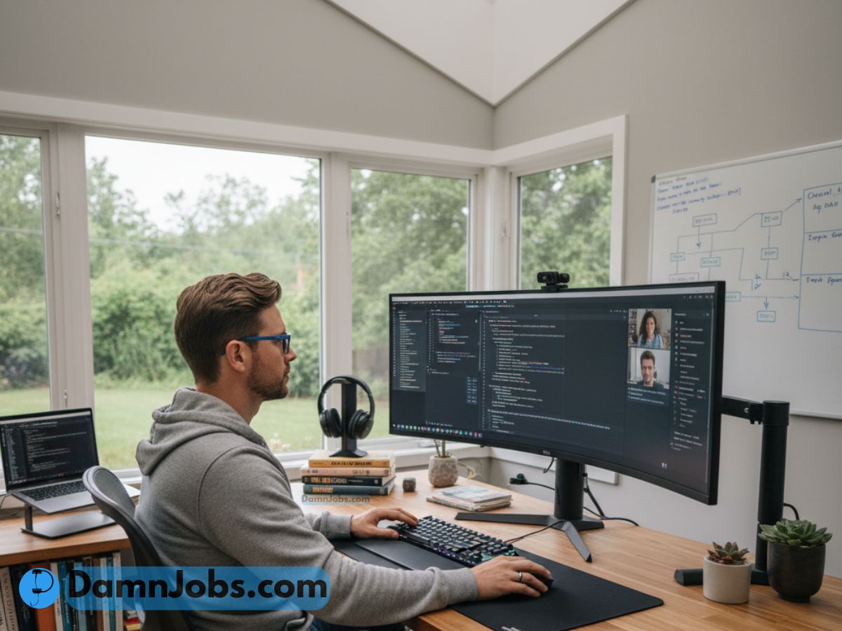 Man in glasses works at a large monitor displaying code in a bright home office. A whiteboard with diagrams is in the background. Tech-focused.