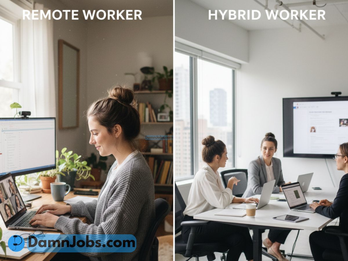 Split image comparing work styles. Left: remote worker at home with plants and laptop. Right: hybrid worker in an office meeting with laptops.