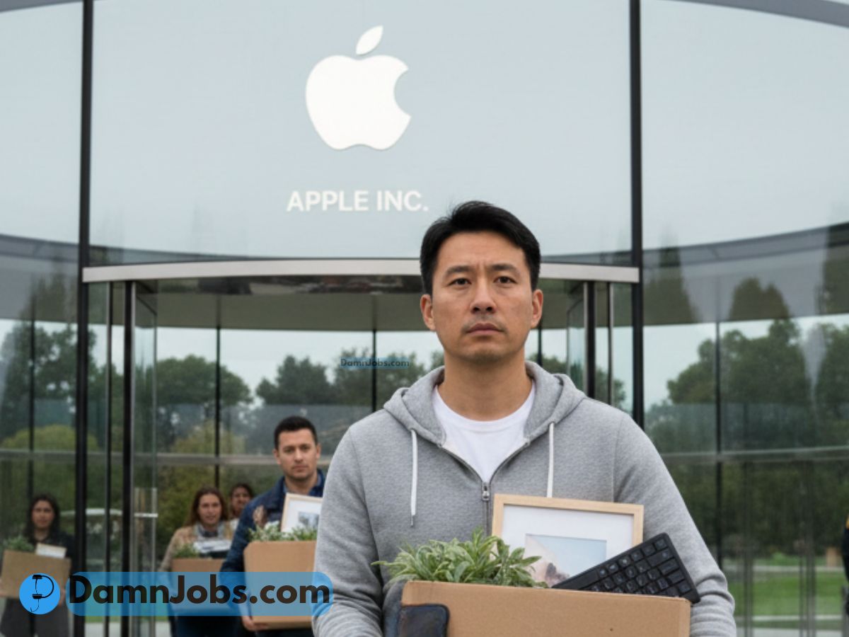 A person stands solemnly in front of an Apple Inc. building, holding a box with office items. Other individuals with similar boxes are in the background.