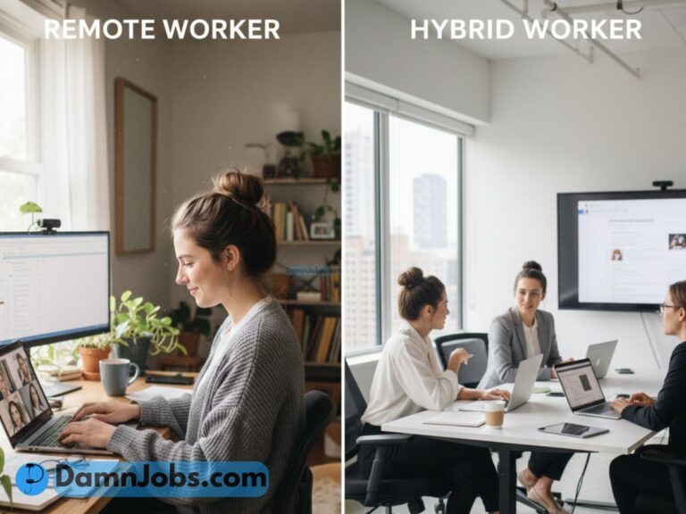 Split image comparing work styles. Left: remote worker at home with plants and laptop. Right: hybrid worker in an office meeting with laptops.