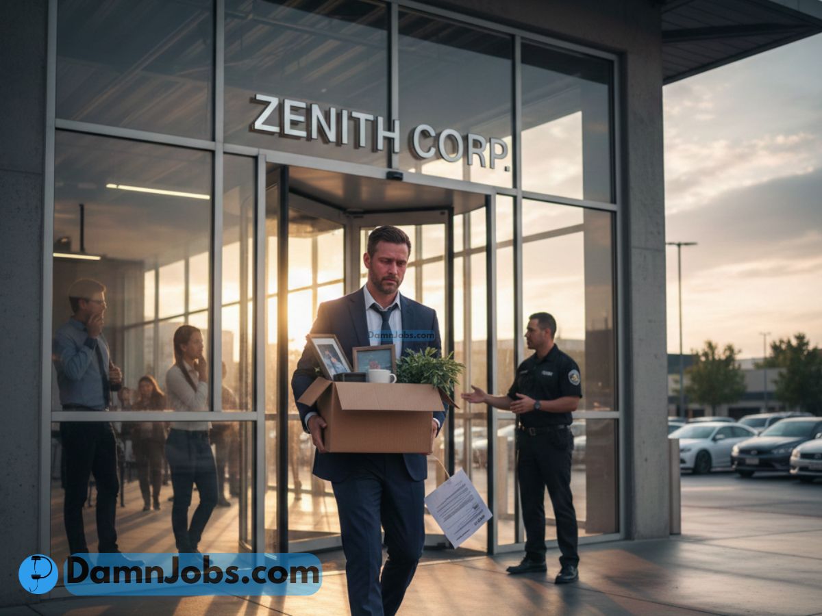 A dejected man in a suit exits Zenith Corp, carrying a box of personal items. The sunset casts a warm glow, creating long shadows. A security guard stands by as employees watch from inside.
