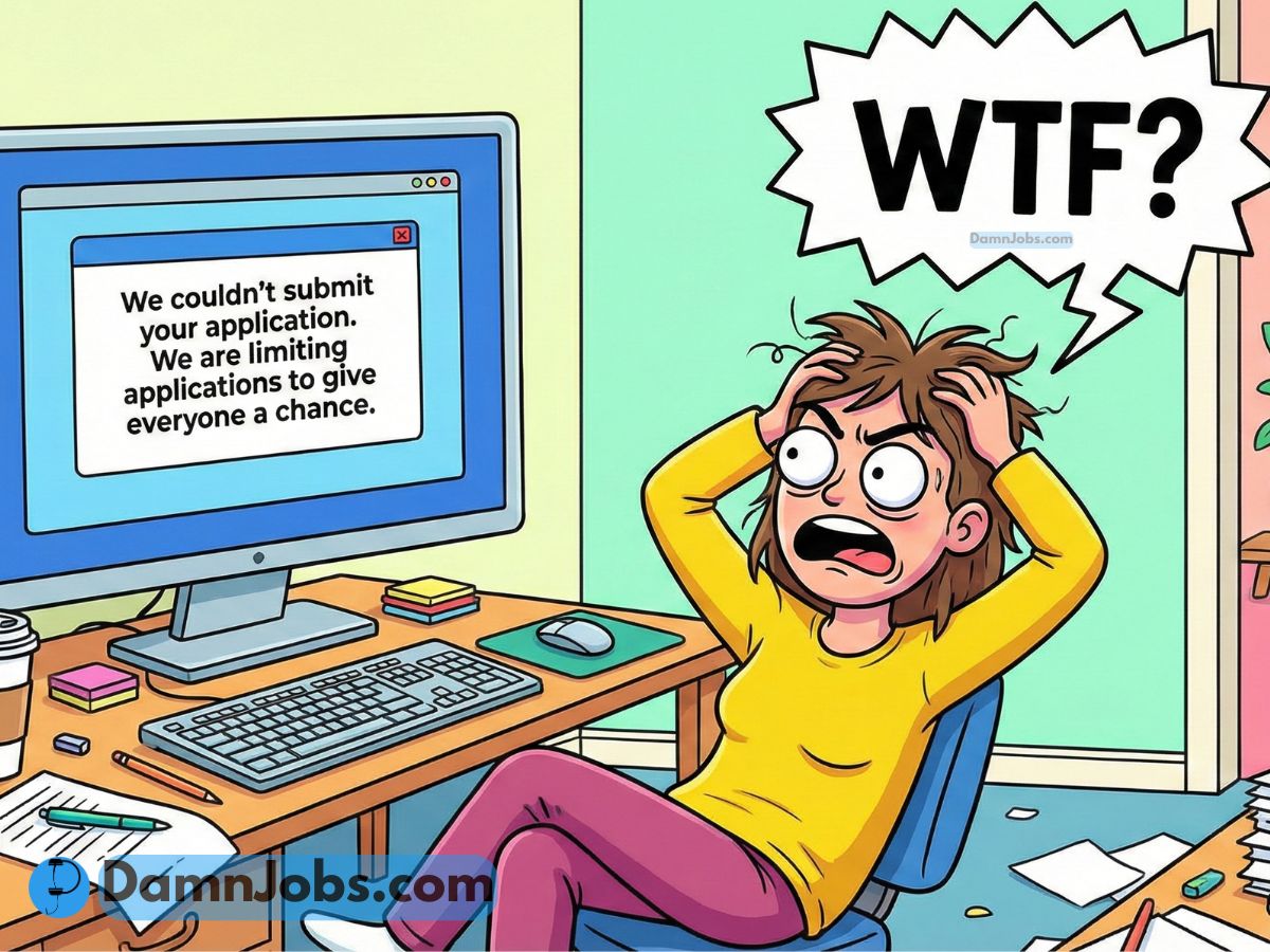 A frustrated cartoon woman clutches her hair, staring at a computer displaying a message about limited job applications. A speech bubble reads "WTF?"