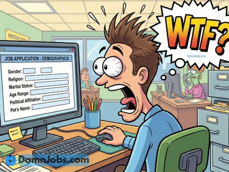 Cartoon of a shocked man at a computer, eyes wide, reading a job application asking invasive questions. Thought bubble says "WTF?" Office setting, humorous tone.