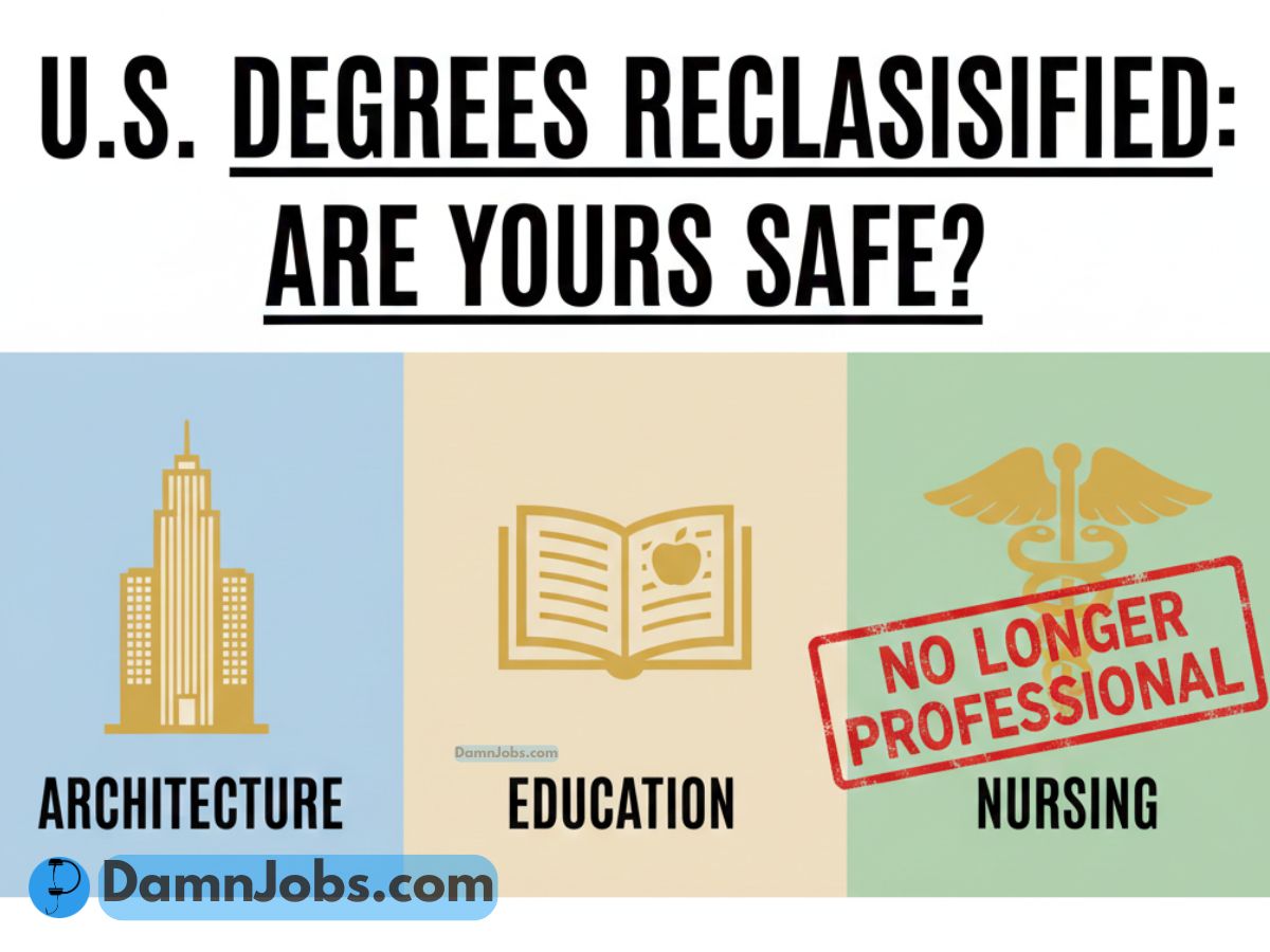 Text reads “U.S. Degrees Reclassified: Are Yours Safe?” with icons for architecture, education, and a caduceus for nursing marked “No Longer Professional.”