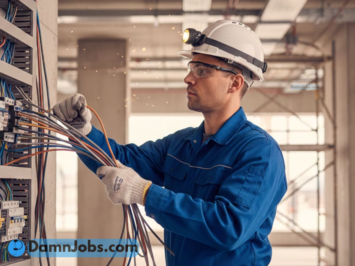 An electrician in blue overalls and safety gear works on wiring in an industrial setting. He wears a helmet and goggles, conveying focus and precision.