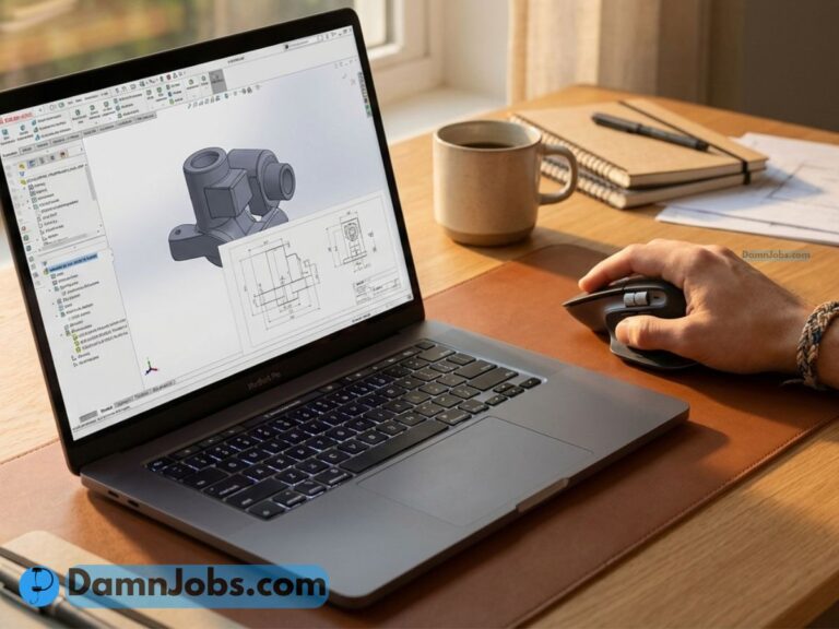 A person uses a mouse while working on a 3D design displayed on a laptop, with a mug and notebooks nearby on a wooden desk, creating a focused and productive atmosphere.