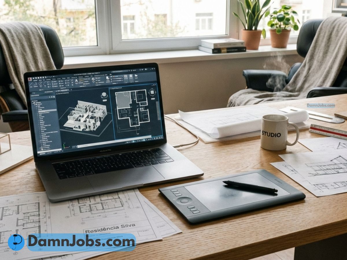 A laptop on a desk displays architectural software with floor plans. Blueprints, a drawing tablet, and a "STUDIO" mug are nearby, with plants in the background.