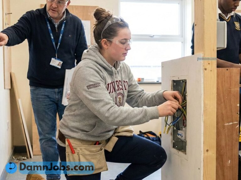 A woman in safety goggles and a hoodie works on an electrical panel, focused and attentive. An instructor observes, pointing, in a well-lit workshop.
