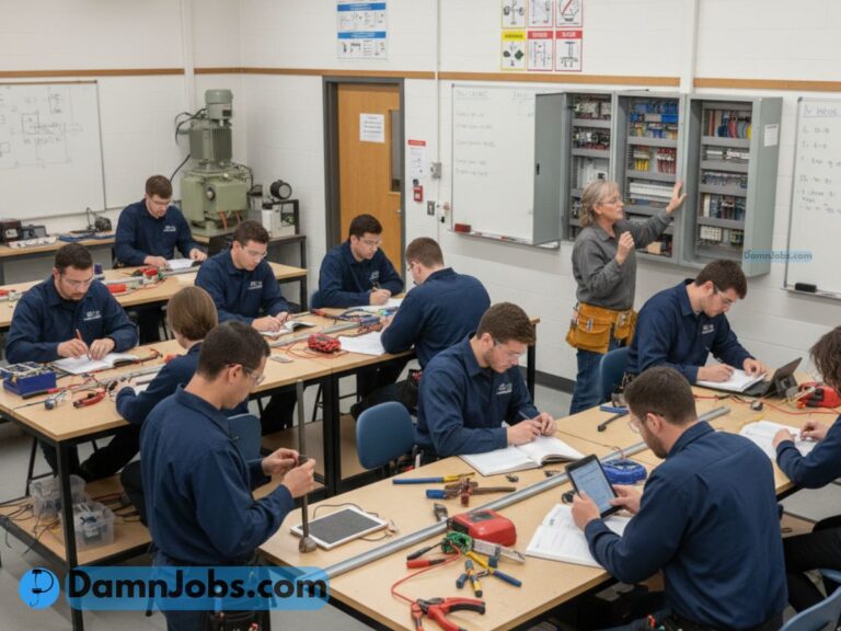 A classroom with students wearing blue uniforms working on electrical projects at desks. An instructor in a gray shirt explains circuitry on a board.