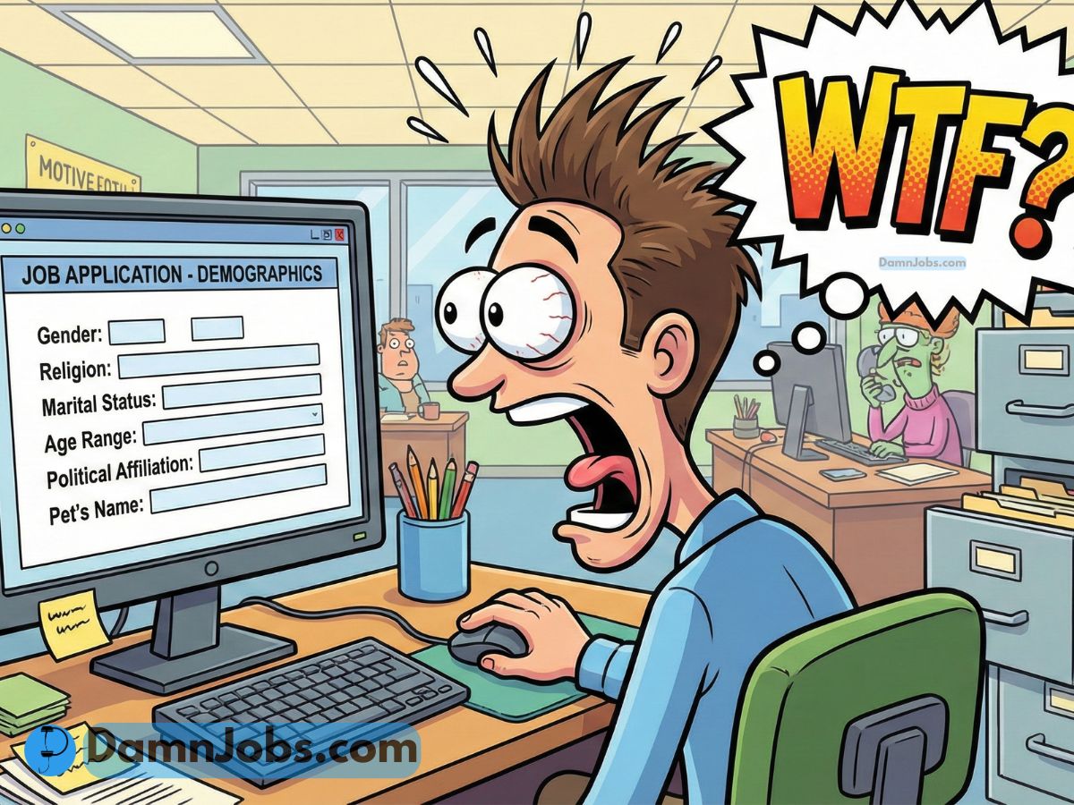 Cartoon of a shocked man at a computer, eyes wide, reading a job application asking invasive questions. Thought bubble says "WTF?" Office setting, humorous tone.