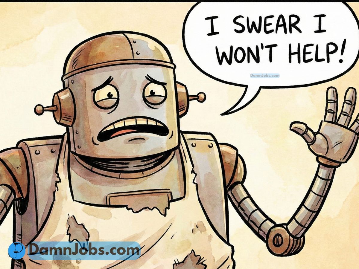 A distressed cartoon robot in a tattered apron raises its hand, exclaiming, "I SWEAR I WON'T HELP!" in a speech bubble, conveying frustration.