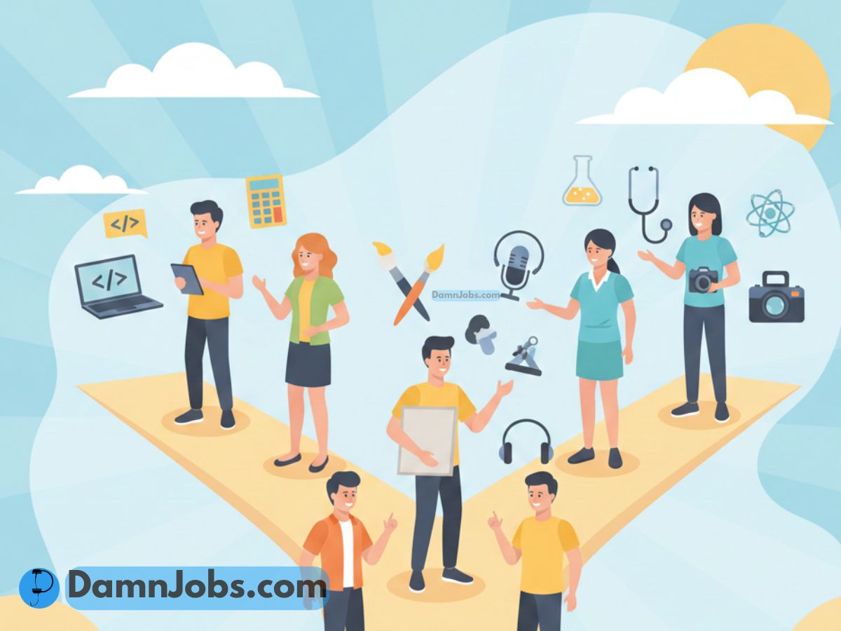 Illustration of diverse professionals on a path with symbols of various careers like programming, art, science, and photography. Bright, optimistic tone.