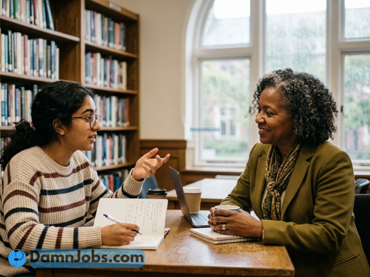 Two women sit in a library discussing work. One takes notes in a notebook, while the other, with a laptop, smiles. Both appear engaged and focused.