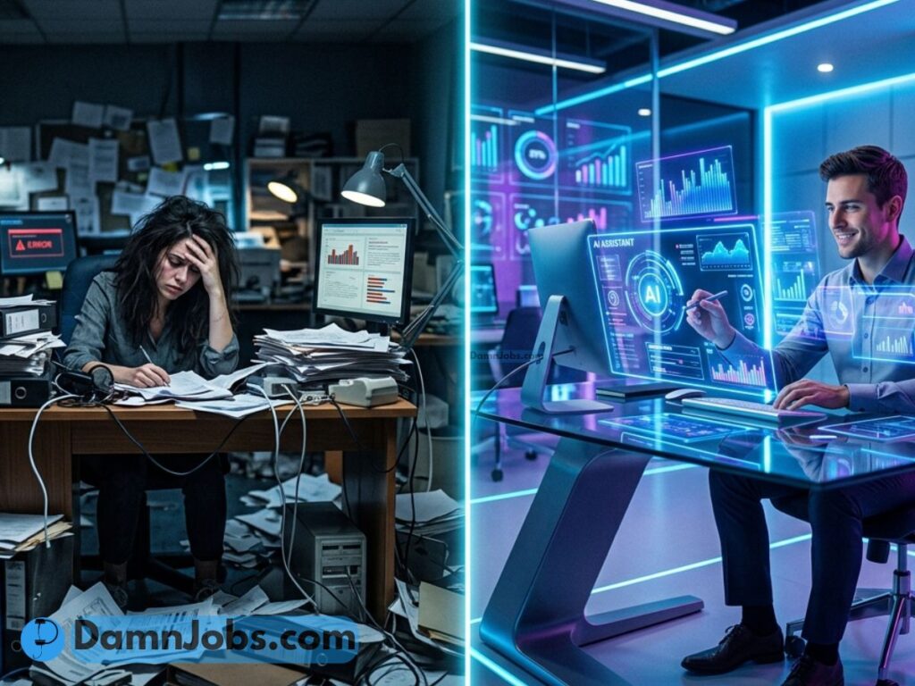 Split image of two work environments: left shows a stressed woman at a cluttered desk, right shows a smiling man at a sleek digital workstation.