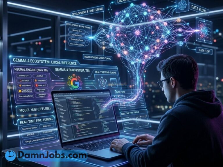 A person in a dimly lit room interacts with a laptop showcasing complex digital interfaces and neural networks, illustrating advanced technology.