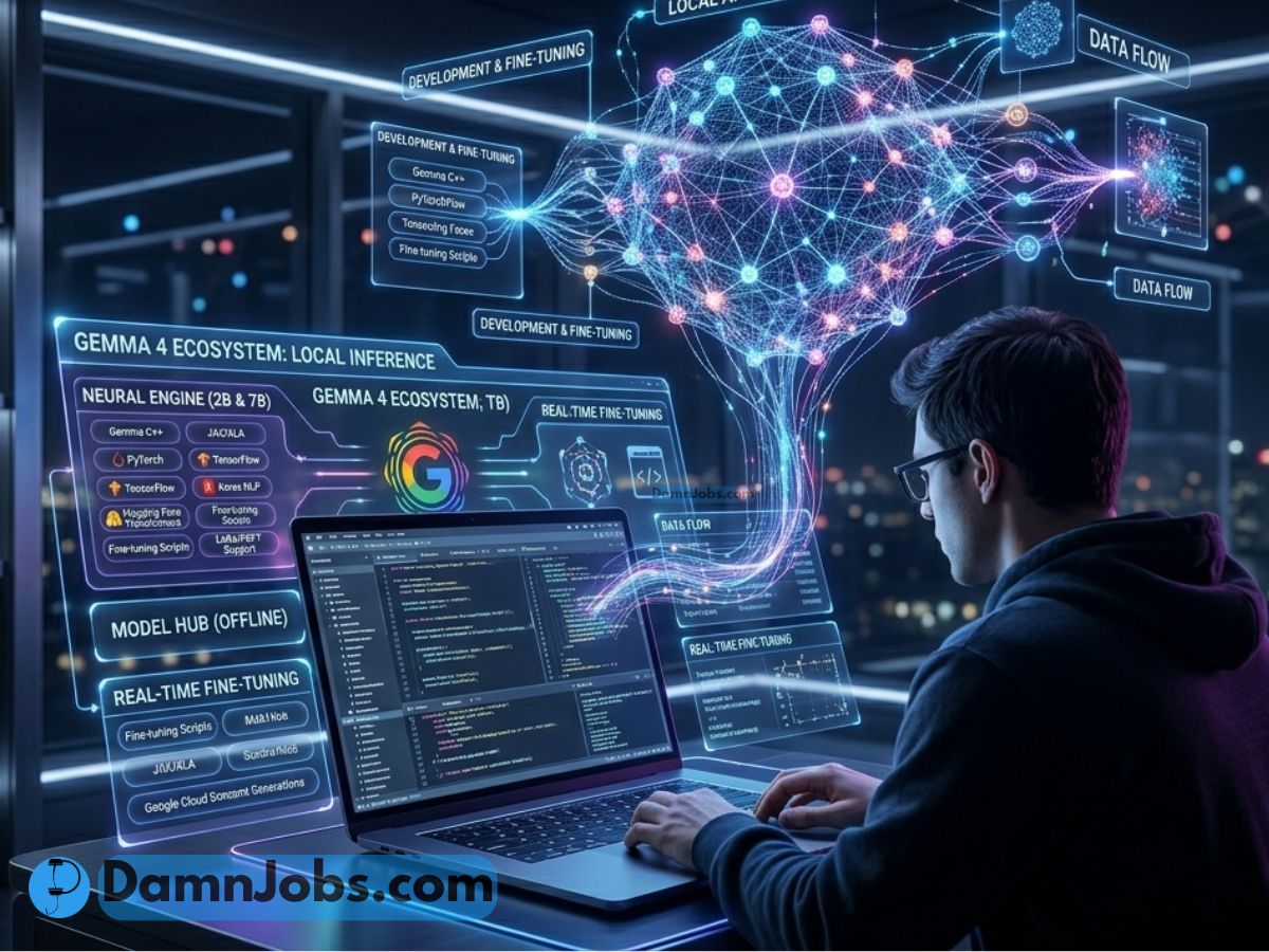 A person in a dimly lit room interacts with a laptop showcasing complex digital interfaces and neural networks, illustrating advanced technology.