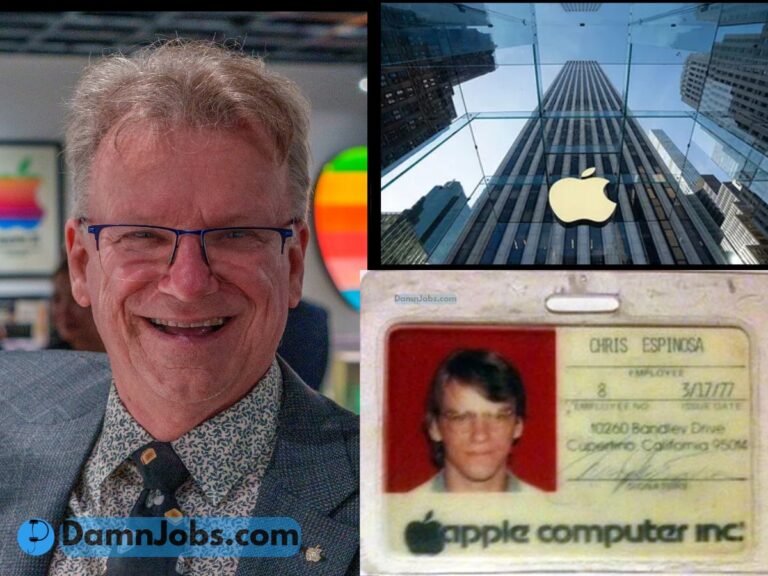 A smiling person with glasses is in front of an Apple logo. Nearby, an Apple store's glass facade and an old ID badge labeled "Apple Computer Inc." are visible.