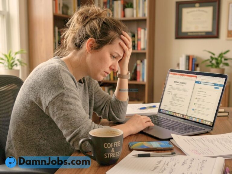 A stressed woman at a desk holds her head while looking at a laptop displaying a resume. Papers, a phone, and a "Coffee & Stress" mug surround her.