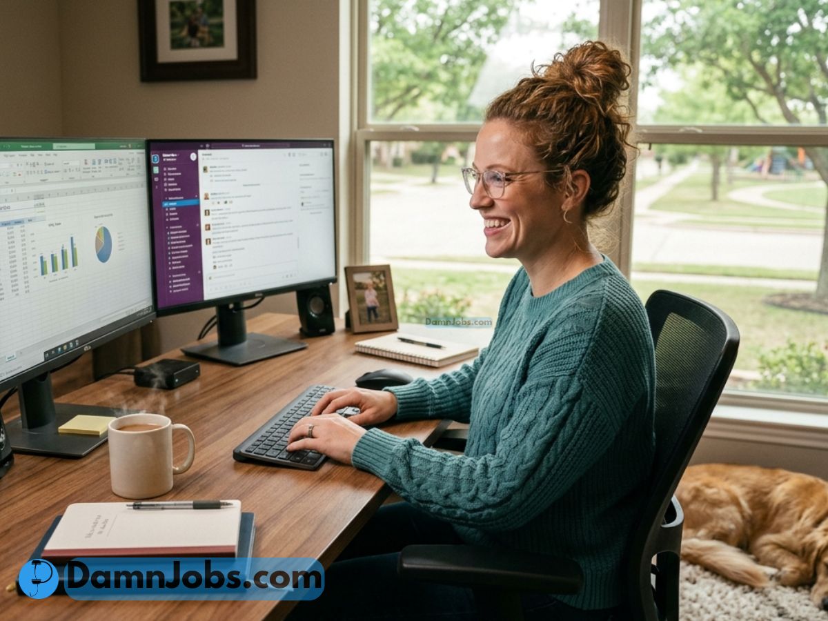 A woman in a teal sweater smiles while working at a desk with dual monitors showing charts and messages. A dog sleeps nearby on the floor, visible through a window. Casual, productive atmosphere.