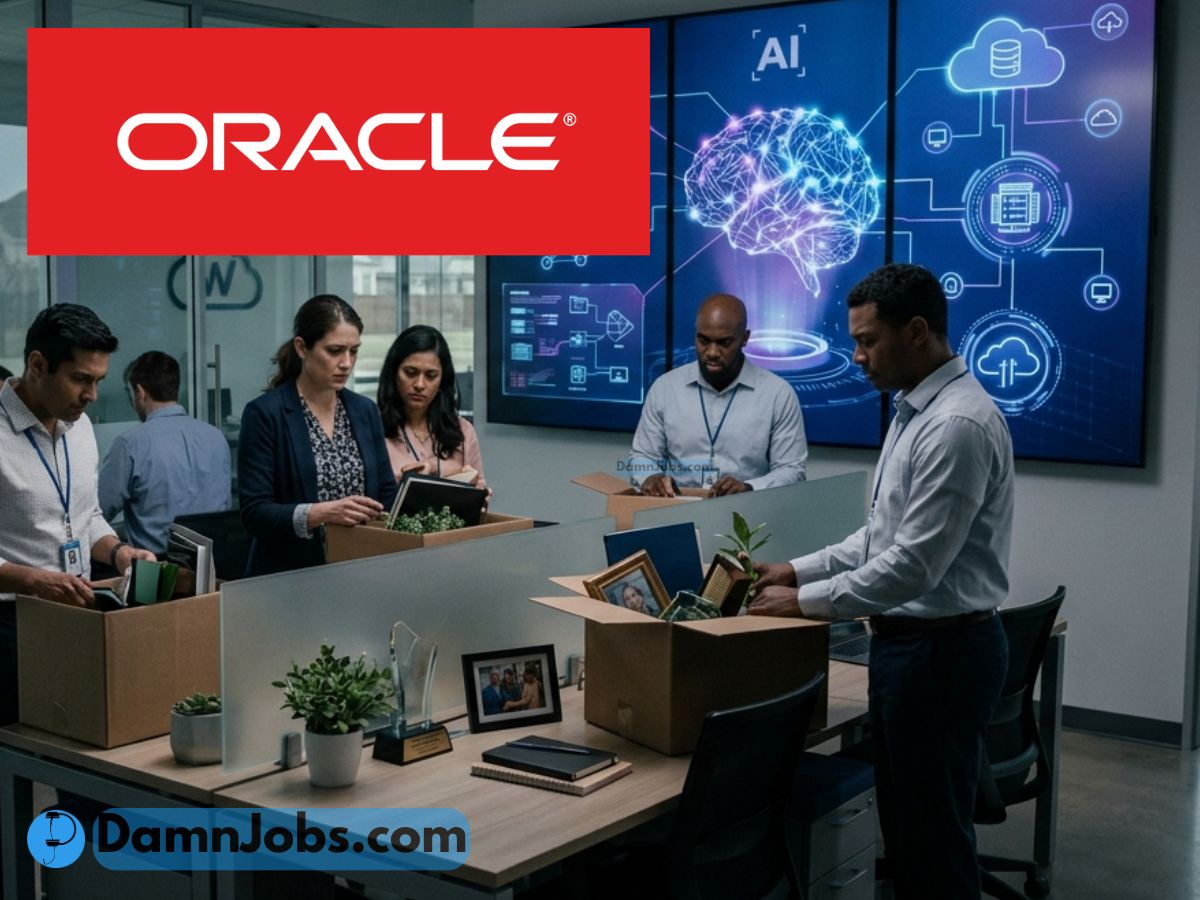 Employees pack personal items into boxes at an office desk; a digital screen shows AI visuals. The mood is somber. Oracle logo is visible.