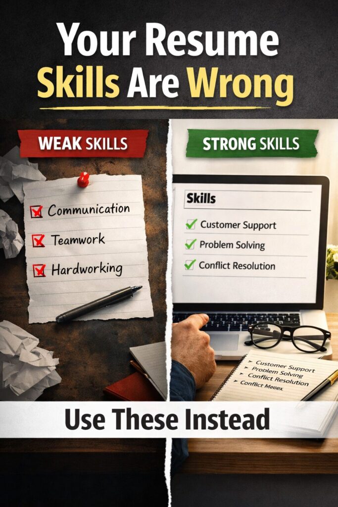 What Skills to Put on Resume for Customer Service (Examples That Work) Split image with "Your Resume Skills Are Wrong" text. Left shows "Weak Skills" like communication on paper. Right shows "Strong Skills" on a laptop, including customer support. Banner reads "Use These Instead." Tone: advisory.