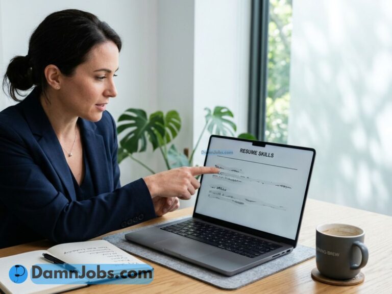 A woman in a blazer points at a laptop displaying resume skills. She sits at a table with a notebook and coffee, conveying a professional tone.