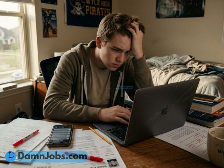 A young person sits at a cluttered desk, looking stressed while working on a laptop. Papers, a phone, and pens are scattered around. The room feels tense.