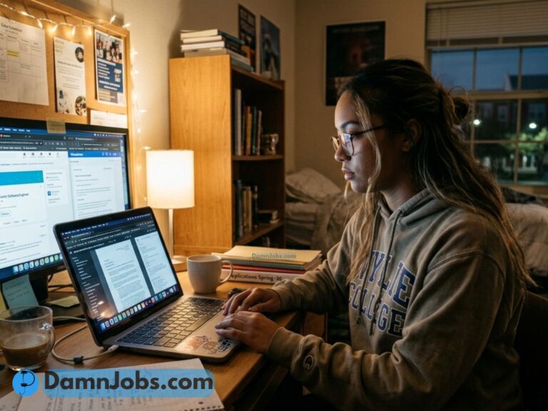 Young woman in a hoodie working intently on her laptop at a cozy desk, surrounded by books and papers, with warm lighting setting a focused mood.