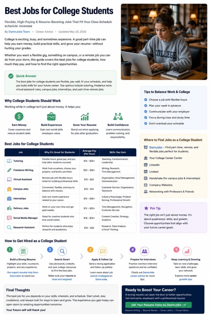 Alt text: "Infographic titled 'Best Jobs for College Students' showing flexible job options like tutoring and writing with tips for balancing work and studies. Includes a woman in a college sweatshirt studying on a laptop, emphasizing practical skills and resume building."