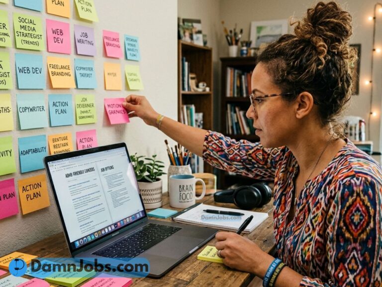 Creative professional with ADHD using a laptop and sticky notes to explore ADHD-friendly jobs and career options.