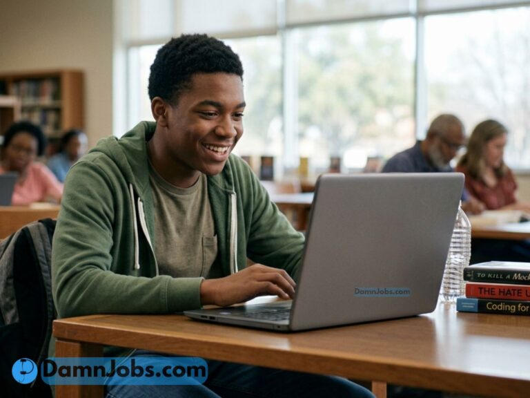 Teen student smiling while searching online for flexible part-time jobs for teens.
