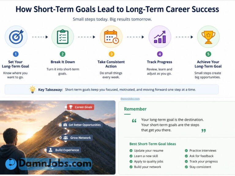 Infographic titled 'How Short-Term Goals Lead to Long-Term Career Success.' It outlines five steps: set goals, break them down, take action, track progress, and achieve goals. A person is at the start of a path on a mountain, symbolizing progress. Additional tips suggest updating resumes and practicing interviews. Tone is motivational and instructional.