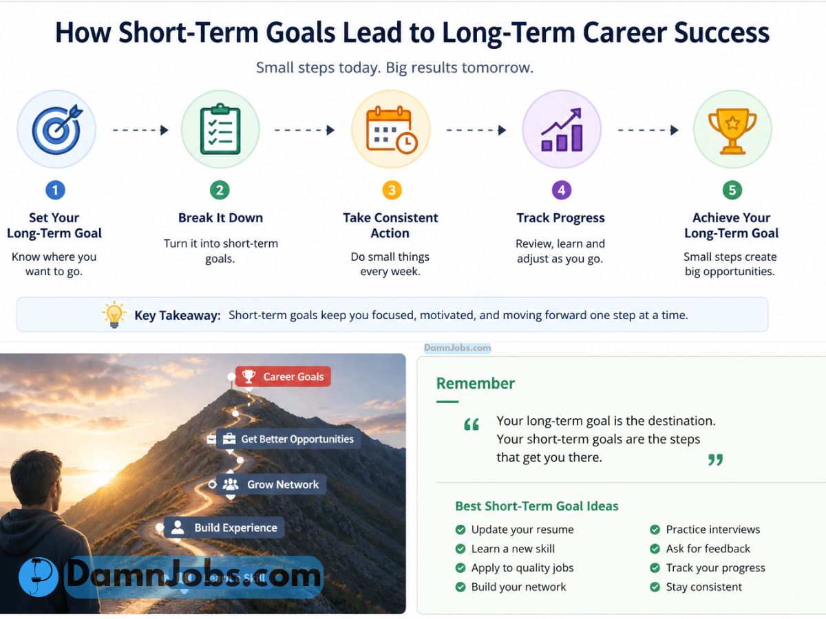 Infographic titled 'How Short-Term Goals Lead to Long-Term Career Success.' It outlines five steps: set goals, break them down, take action, track progress, and achieve goals. A person is at the start of a path on a mountain, symbolizing progress. Additional tips suggest updating resumes and practicing interviews. Tone is motivational and instructional.