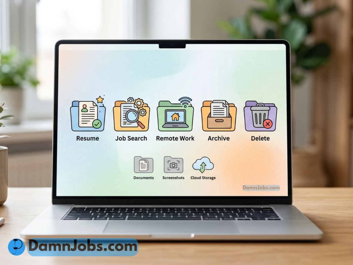 Organized digital folders on a laptop for resumes, job search files, remote work documents, archive files, and deleted clutter