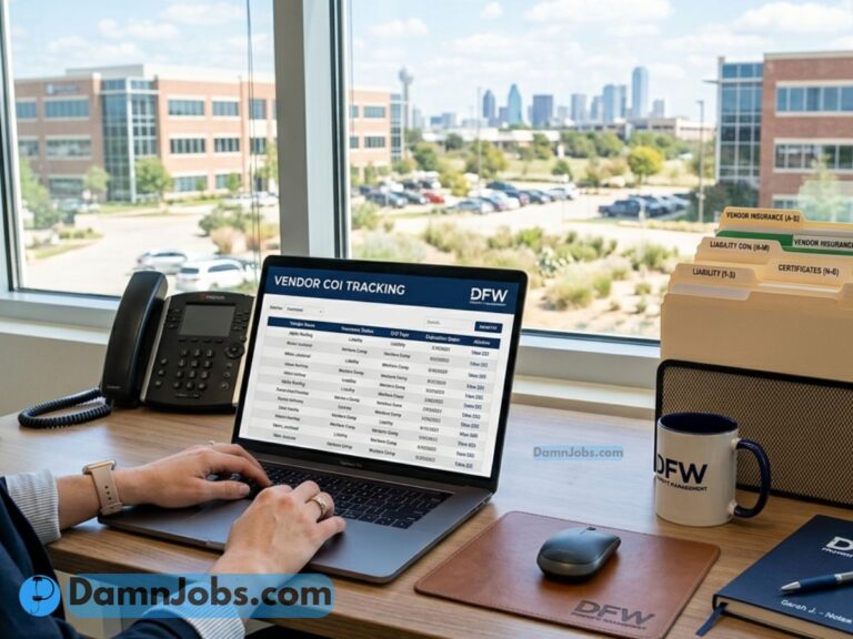 A professional property manager sits at a wooden office desk in front of a large window with a scenic view of the Dallas-Fort Worth (DFW) skyline. She is working on a laptop displaying a "Vendor COI Tracking" spreadsheet interface. On her desk, a neat desktop organizer holds physical manila folders labeled for insurance, liability, and contracts. A corporate coffee mug and a notebook, both branded with a "DFW Property Management" logo, sit nearby, creating an organized and efficient workspace focused on compliance tracking.