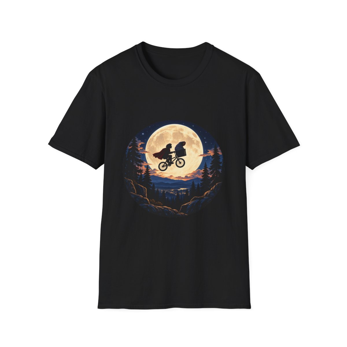 Alien Bike Silhouette T-Shirt — Retro Moonlight Adventure Tee